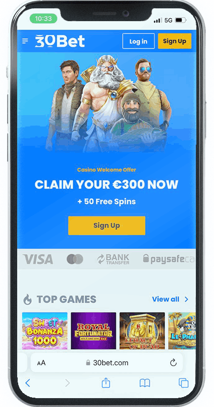 Screenshot of 30Bet Mobile Casino homepage (mobile view)