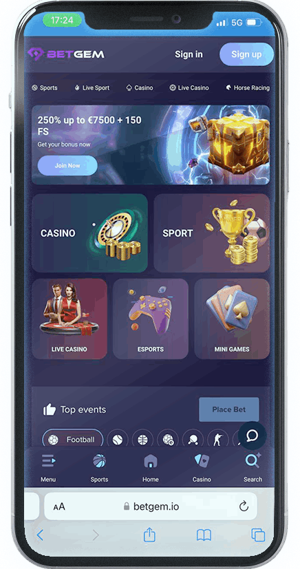 Screenshot of BetGem Mobile Casino homepage (mobile view)