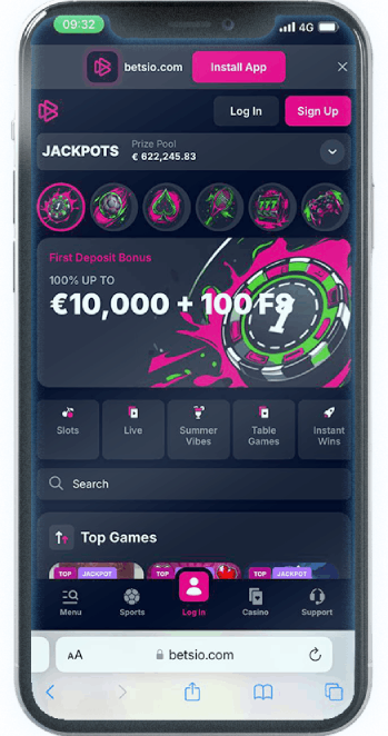 Screenshot of Betsio Mobile Casino homepage (mobile view)