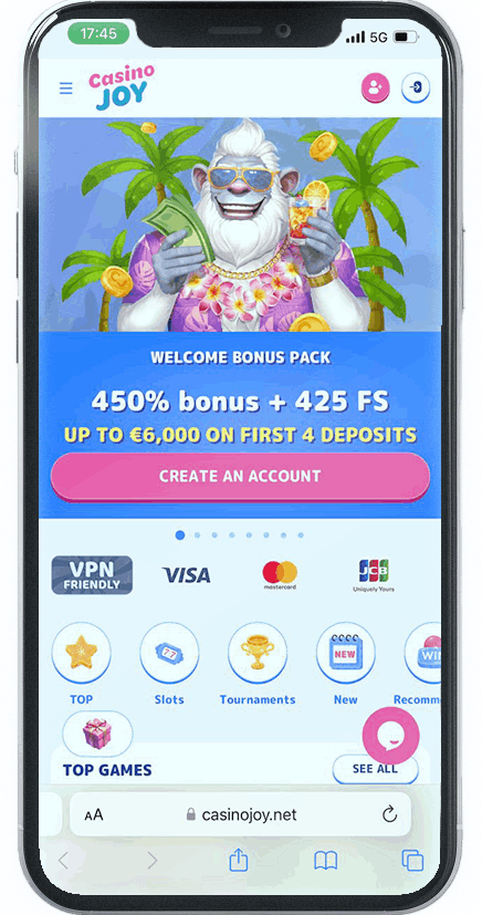 Screenshot of CasinoJoy Mobile Casino homepage (mobile view)