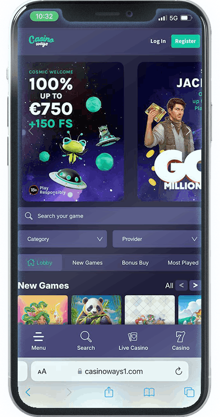 Screenshot of Casinoways Mobile Casino homepage (mobile view)