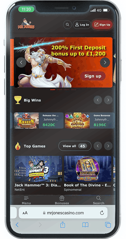 Screenshot of MrJones Mobile Casino homepage (mobile view)