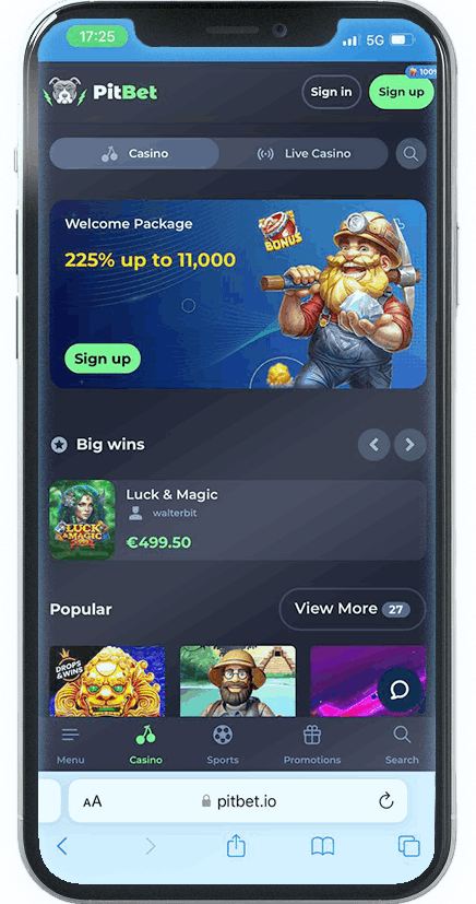 Screenshot of PitBet Mobile Casino homepage (mobile view)