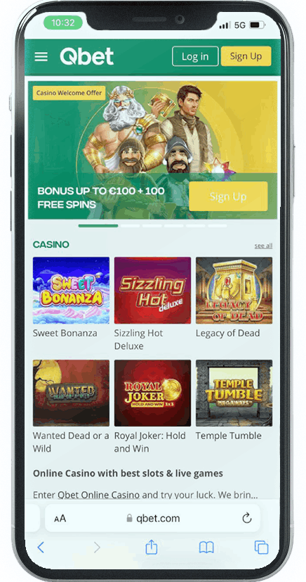 Screenshot of Qbet Mobile Casino homepage (mobile view)