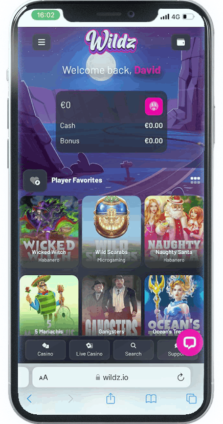 Screenshot of WildzyBet Mobile Casino homepage (mobile view)