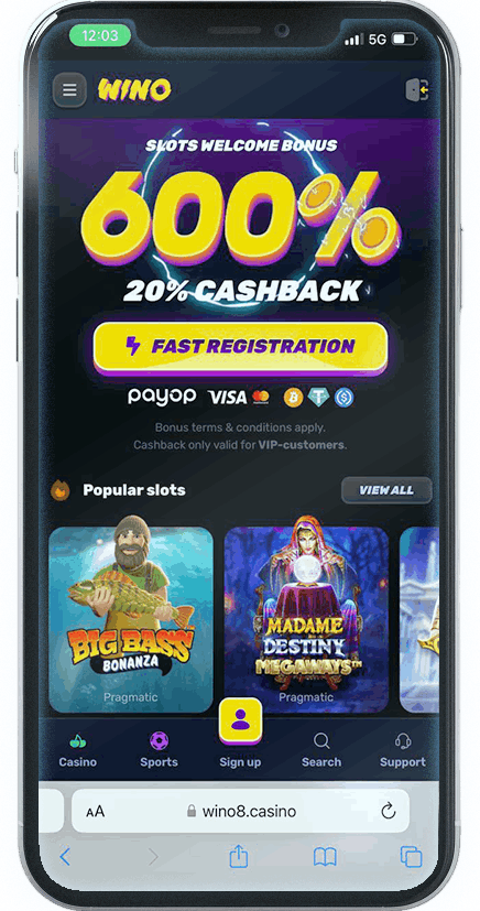 Screenshot of Wino Mobile Casino homepage (mobile view)