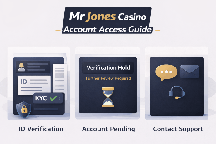 Mr Jones Casino verification illustration showing KYC documents, withdrawal hold review, and support options