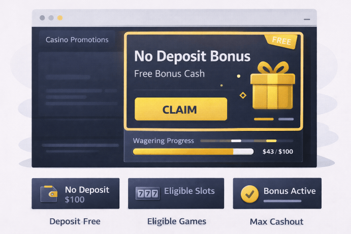 Mr Jones Casino no deposit bonus illustration showing promotions page, wagering progress, and bonus terms