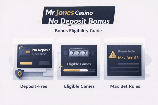 Mr Jones Casino bonus rules illustration showing deposit requirement, eligible slots, and max bet conditions