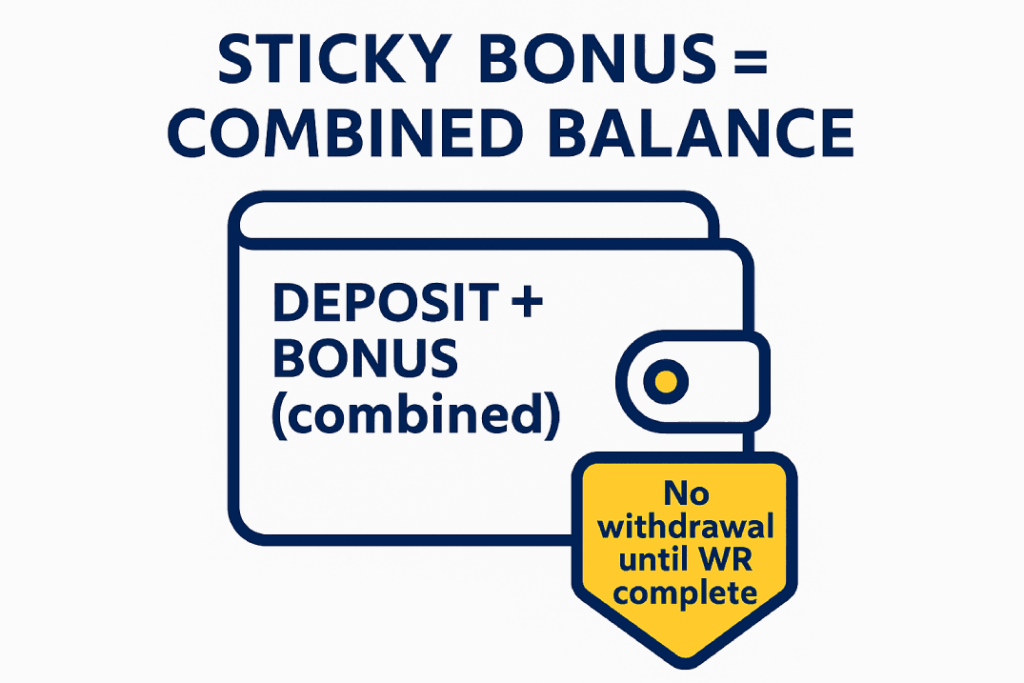 Sticky bonus — deposit and bonus combined; no withdrawal until WR complete.