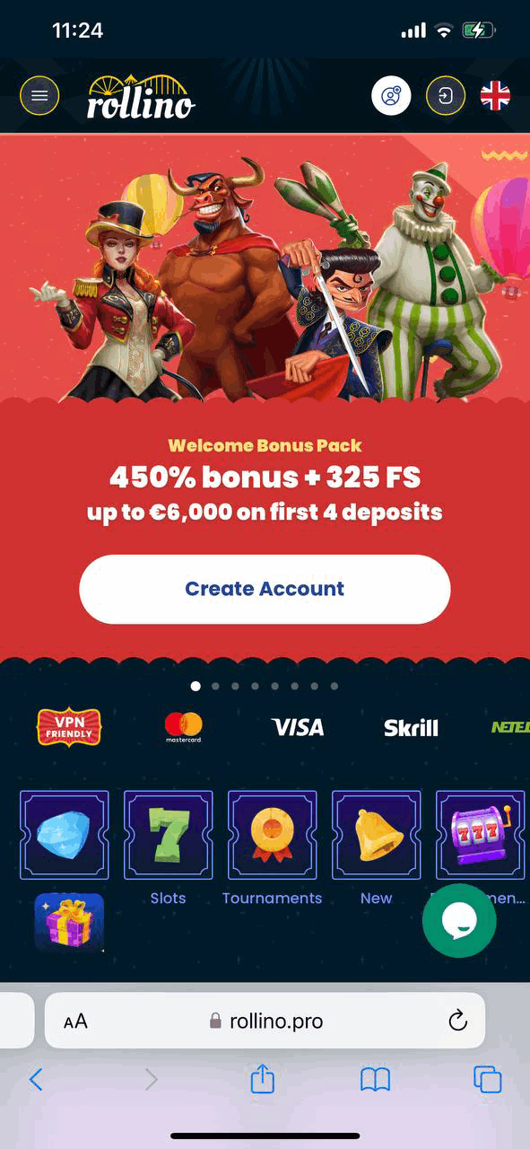 Screenshot of Rollino Mobile Casino homepage (mobile view)