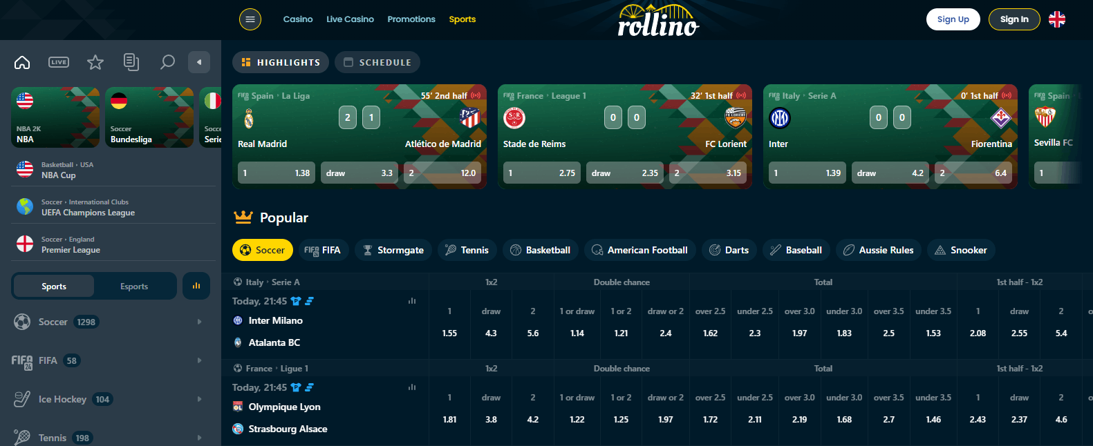 Screenshot of Rollino Casino Sport Betting Section (desktop view)