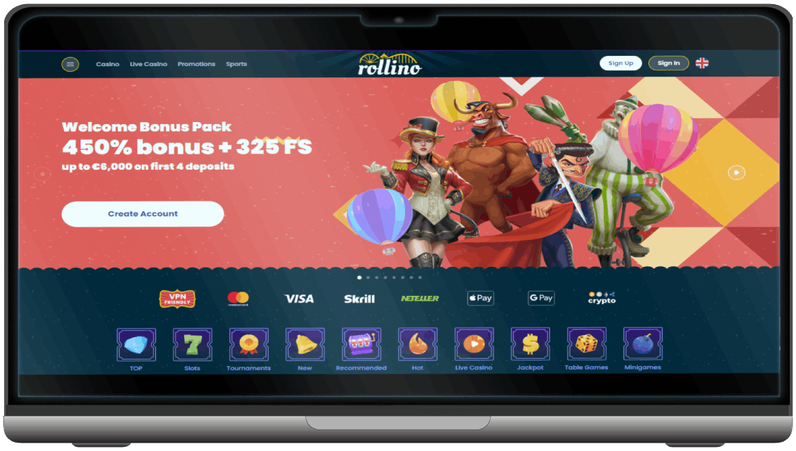Screenshot of the Rollino Casino Main Page