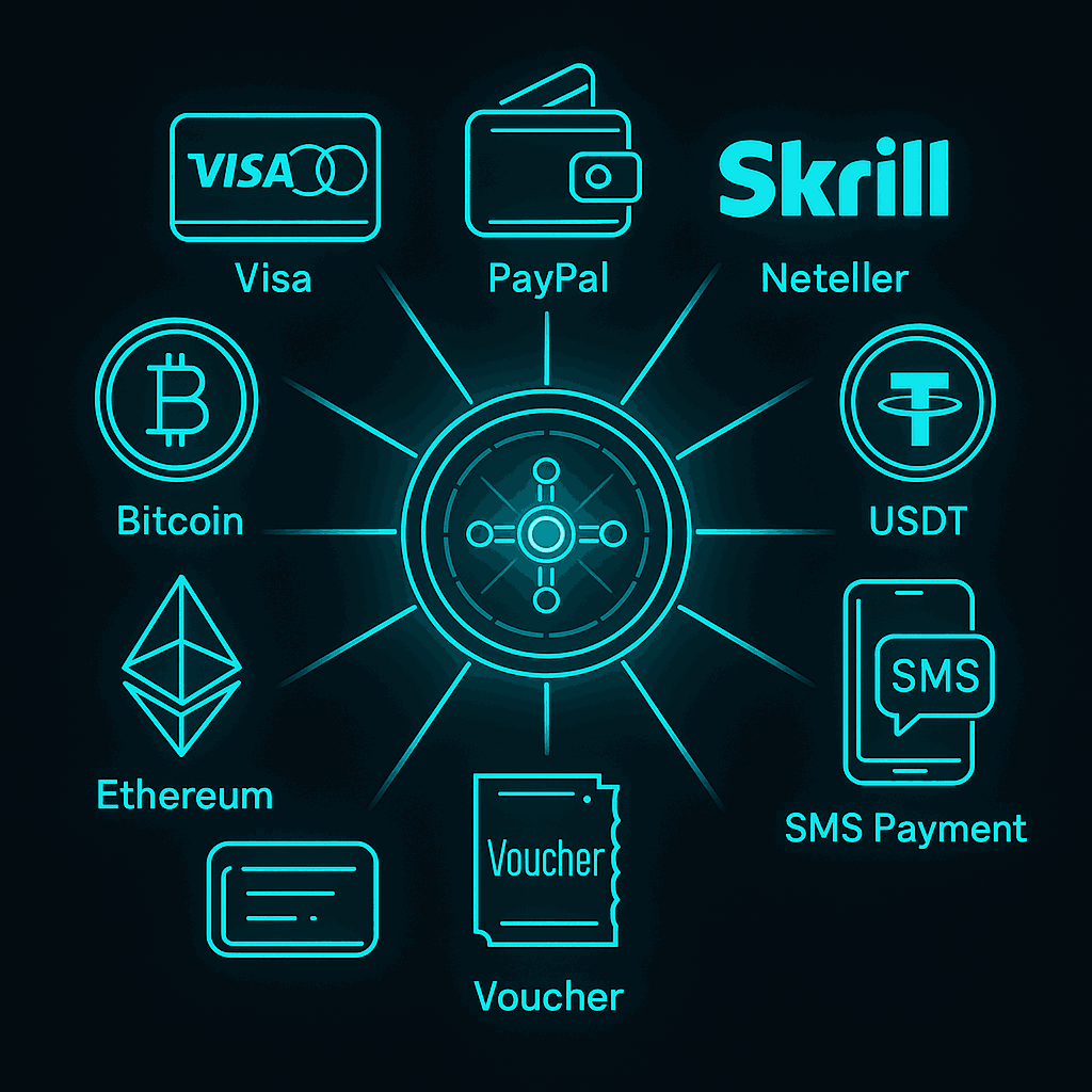 Neon roulette hub with spokes to Visa/MasterCard, PayPal, Skrill, Neteller, Bitcoin, Ethereum, USDT, SMS pay, Voucher.