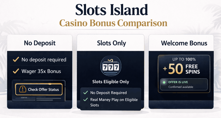 Slots Island Casino bonus illustration showing no-deposit terms, slots-only rules, and the confirmed welcome offer
