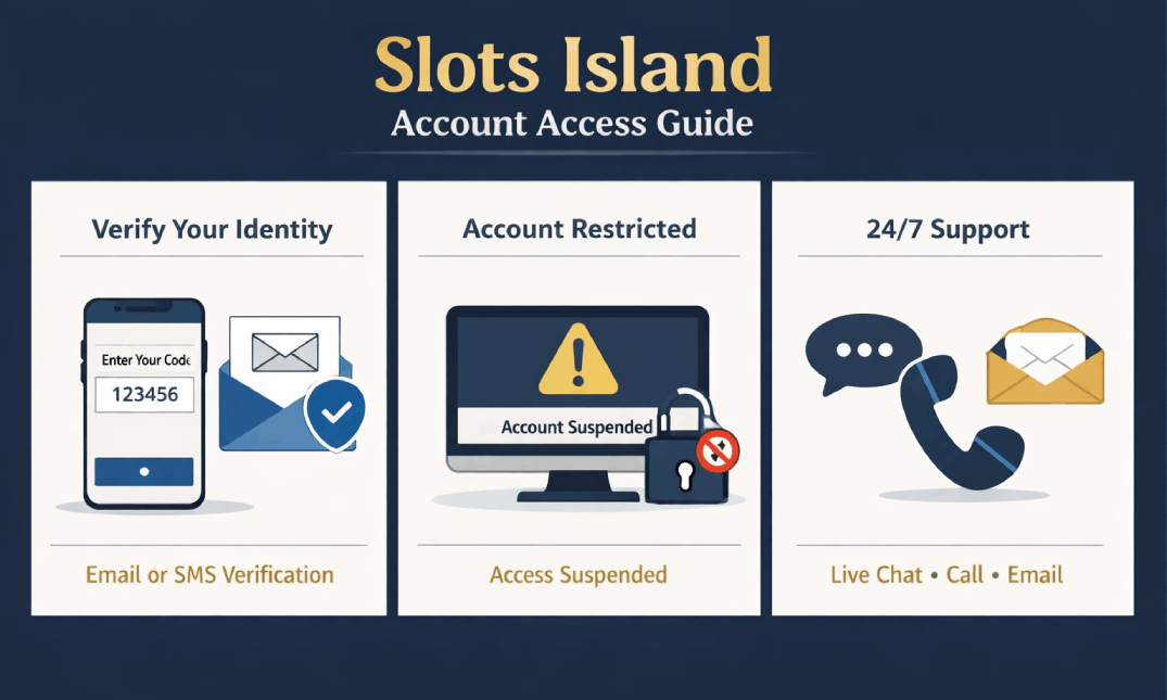 Slots Island recovery illustration showing verification, suspended account notice, and 24/7 support options