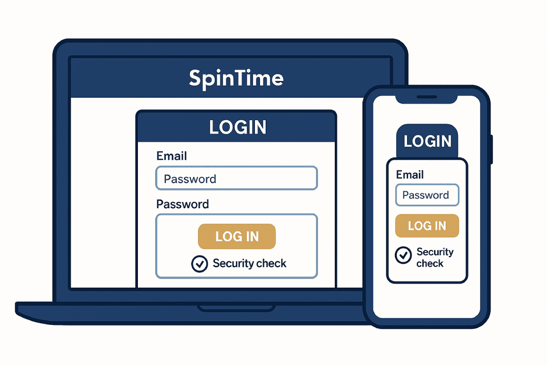 SpinTime login screen with email/password and a small "Security check" badge — brand-neutral.