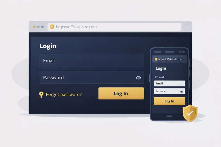 TenoBet login illustration showing sign-in form, safe domain check, and mobile account access