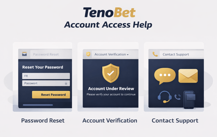 TenoBet account recovery illustration showing password reset, account review, and support options