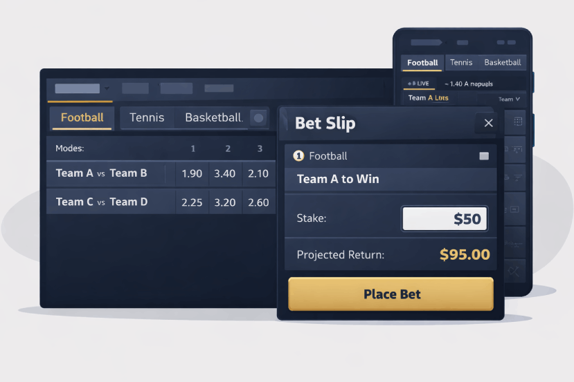 TenoBet sportsbook illustration showing betting markets, odds selection, and betslip flow