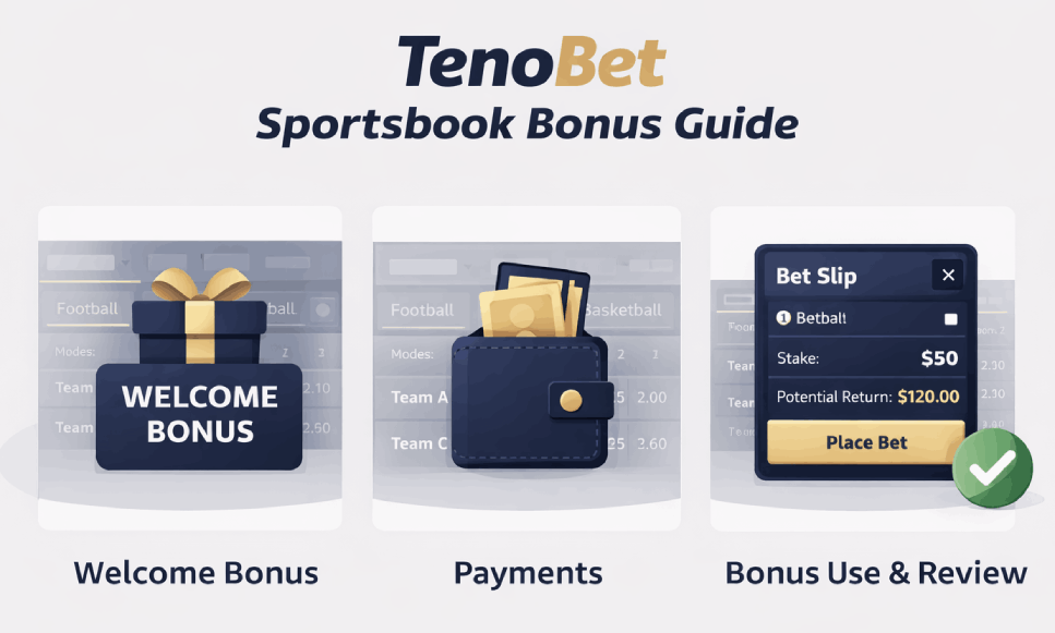 TenoBet sports bonus illustration showing welcome offer, payments, and practical betting use