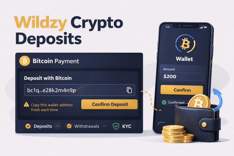 Wildzy bitcoin deposit illustration showing cashier wallet address and crypto transfer flow