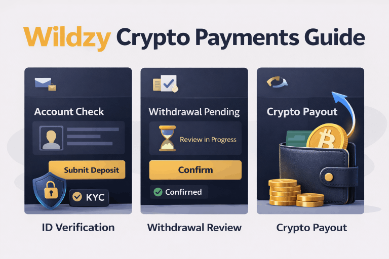 Wildzy crypto withdrawal illustration showing KYC checks, payout review, and wallet transfer readiness