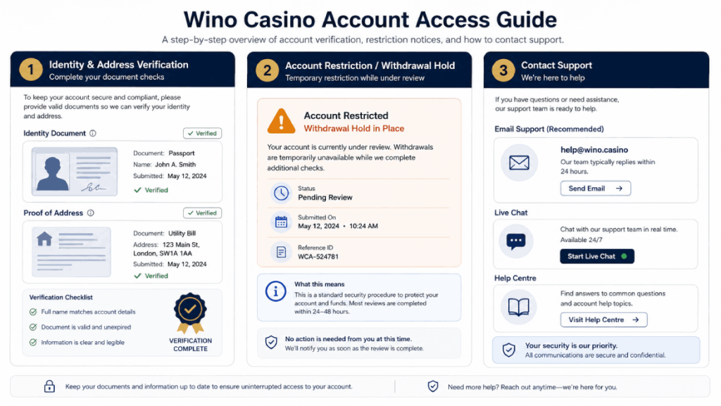 Wino Casino verification illustration showing KYC checks, restricted account notice, and support options