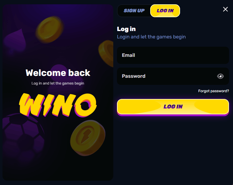 Wino Casino login illustration showing sign-in form, browser access, and 2FA verification prompt