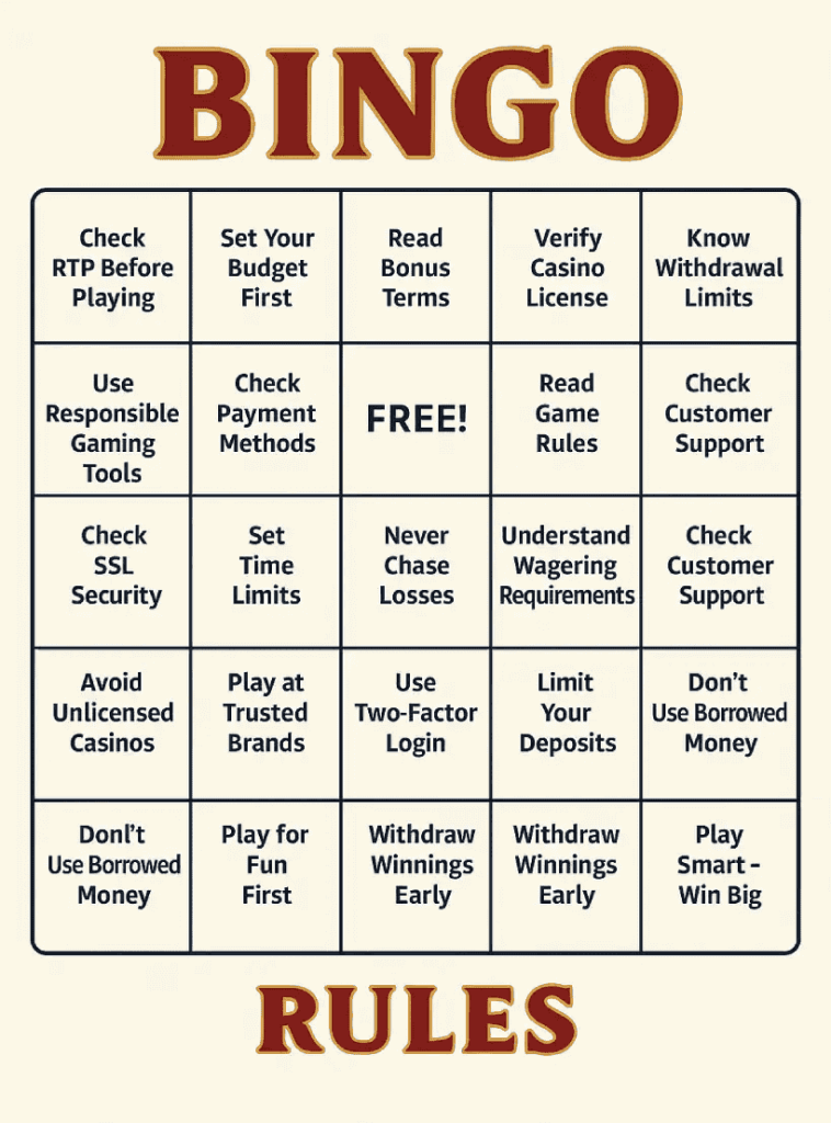 Bingo card showing 25 responsible gambling tips for non-GamStop bingo players