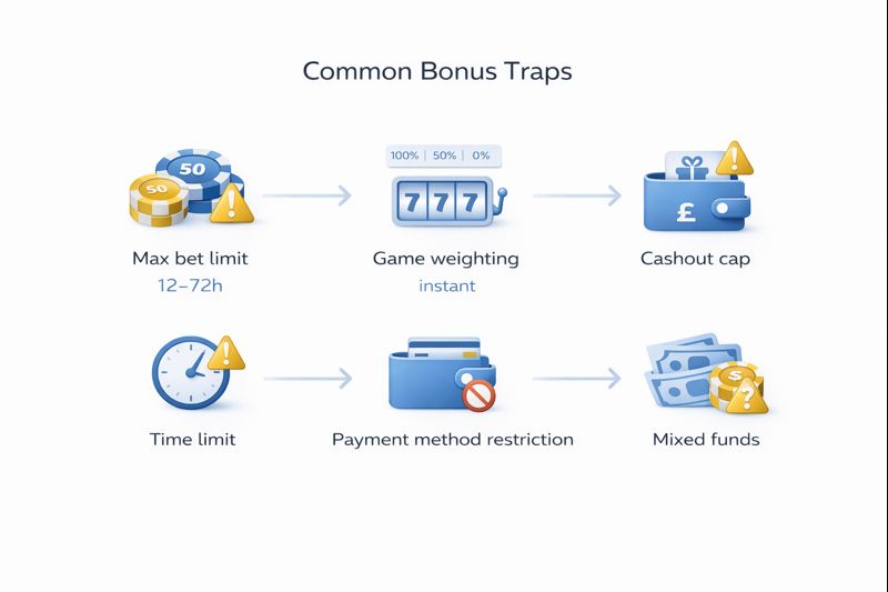 Infographic listing common casino bonus traps like max bet limits, game weighting and cashout caps