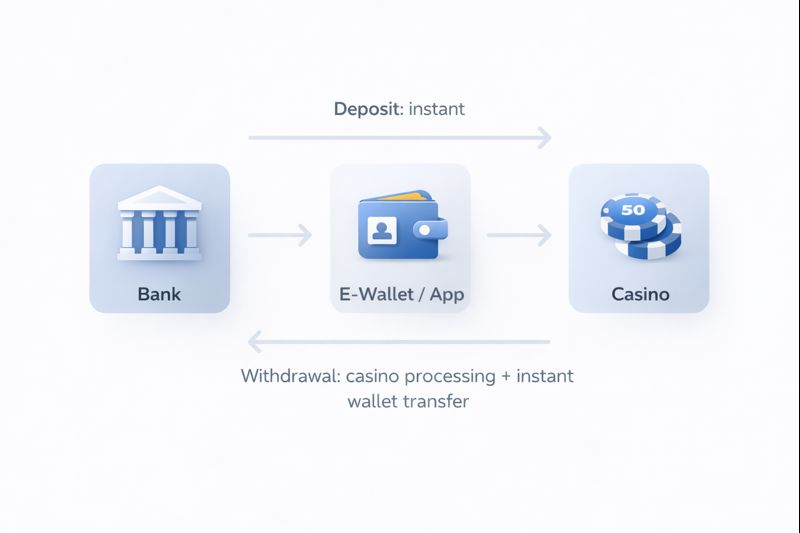 “Infographic showing how deposits and withdrawals work: bank to e-wallet to online casino