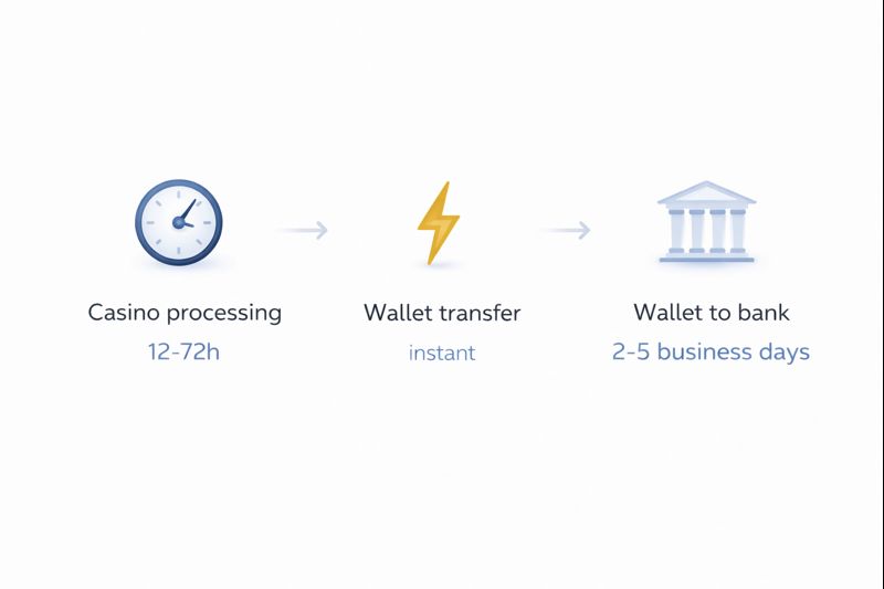 Timeline showing typical Neteller withdrawal stages: casino processing, instant wallet transfer, and bank transfer time