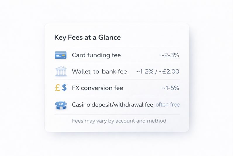 Summary card showing typical fees when using Neteller at online casinos, including card funding, bank withdrawals and FX