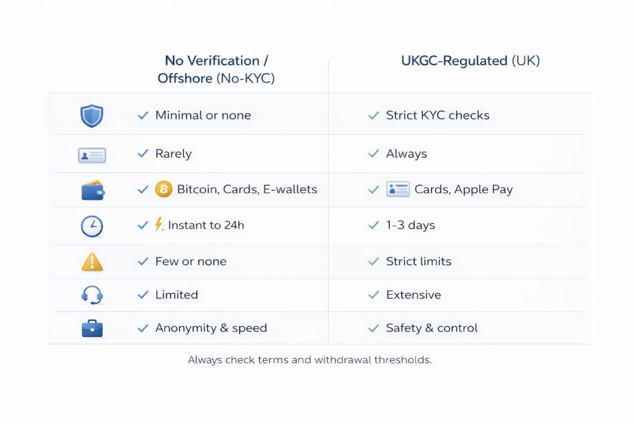No verification online casino vs UKGC casino in the UK comparison: checks, payments, withdrawals, and player protection