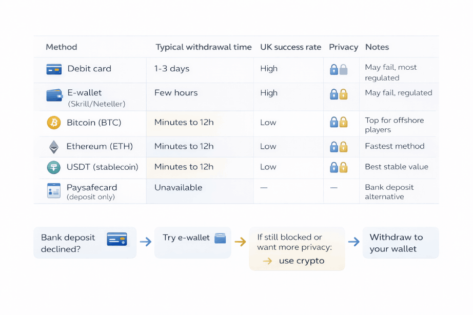 Payment methods for no-KYC casino sites UK: Bitcoin, e-wallets and cards with typical withdrawal casino speed and privacy notes