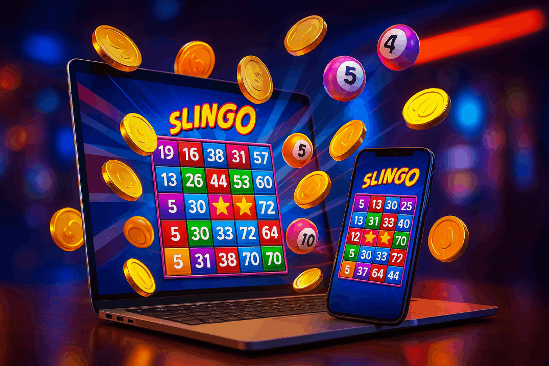 Laptop and smartphone showing an active Slingo game with UK-coloured bingo balls and coins bursting out.