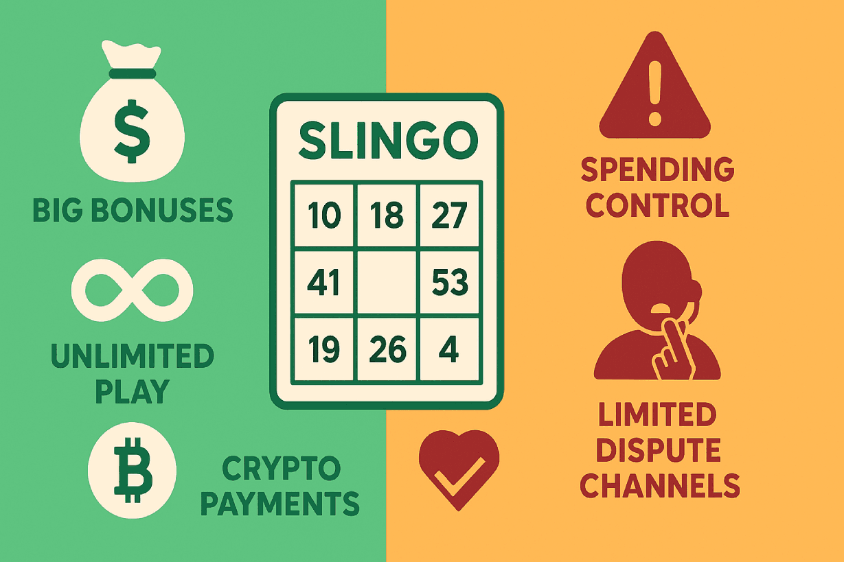 Infographic comparing the pros and cons of playing Slingo on non-GamStop sites, with icons and a central Slingo card.